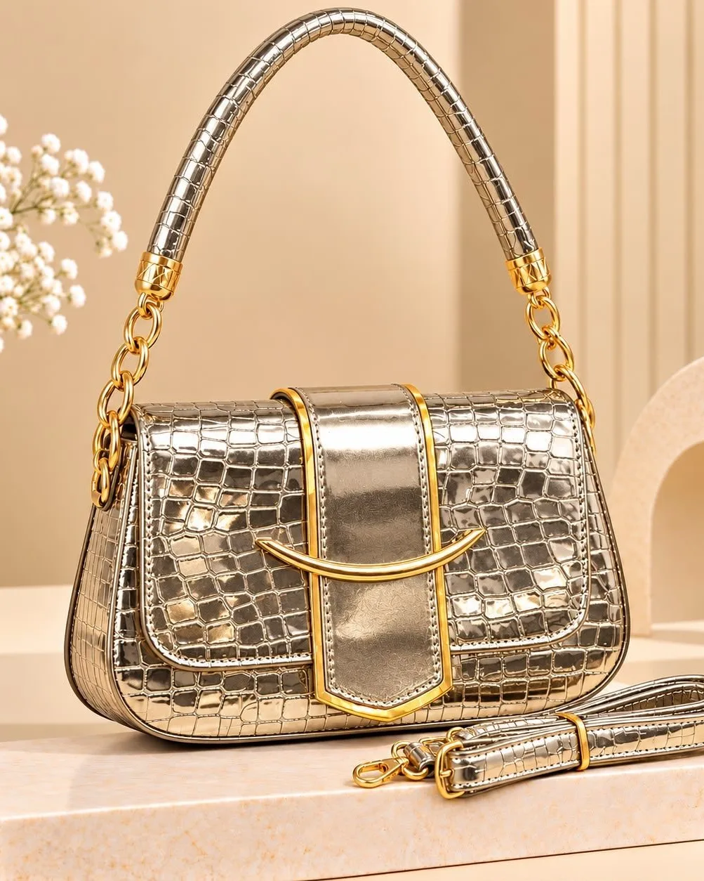 Golden Croc-Embossed Shoulder Bag