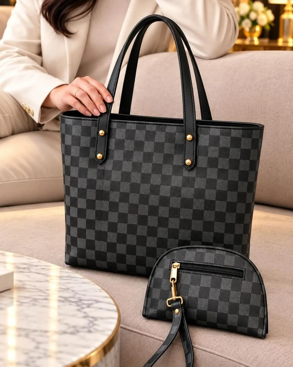Black Checked Tote Bag