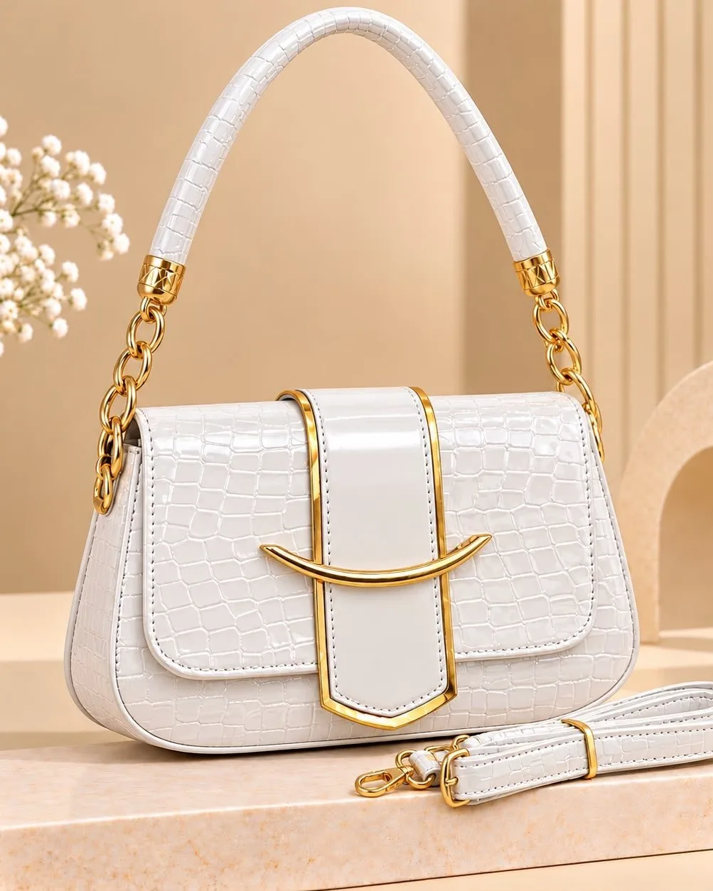 White Croc-Embossed Shoulder Bag