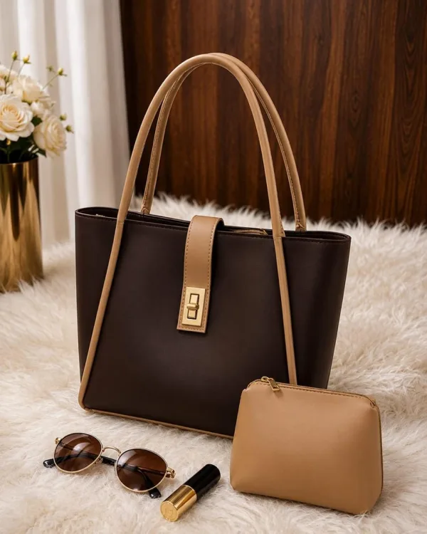 Two-Tone Leather Tote | Matching Pouch Set in Chocolate Brown