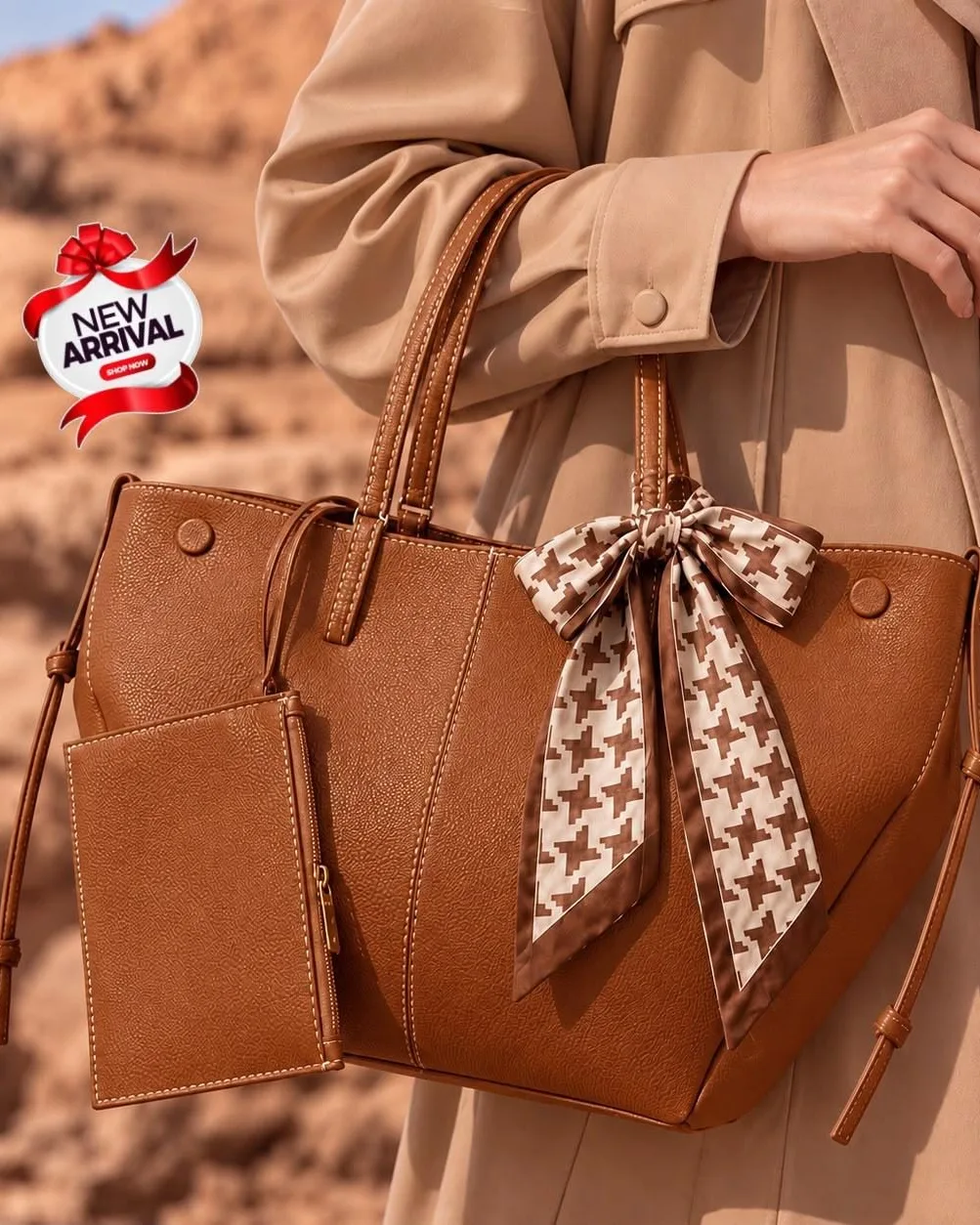 Caramal Tote Bag with Matching Pouch & Houndstooth Scarf
