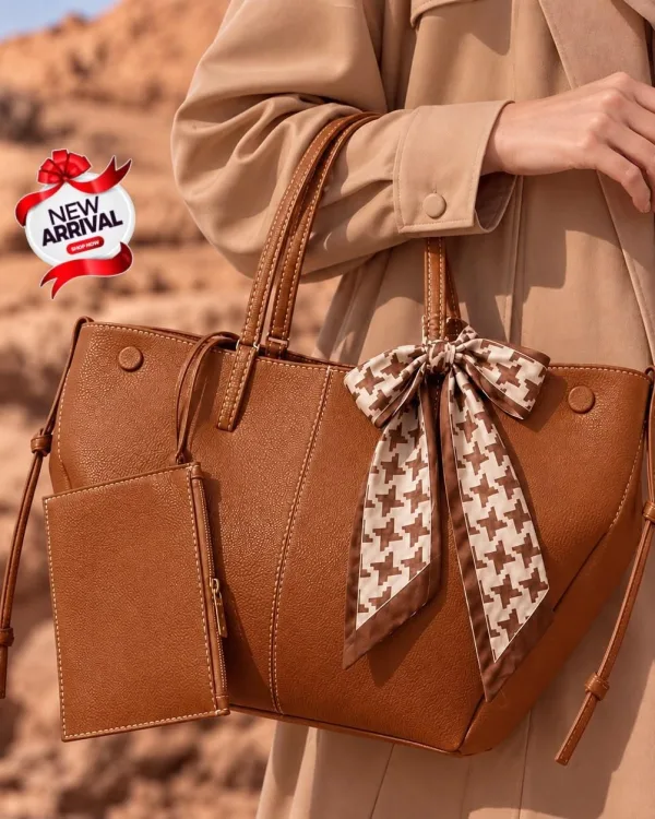 Caramal Tote Bag with Matching Pouch & Houndstooth Scarf