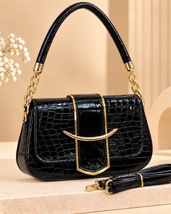 Black Croc-Embossed Shoulder Bag