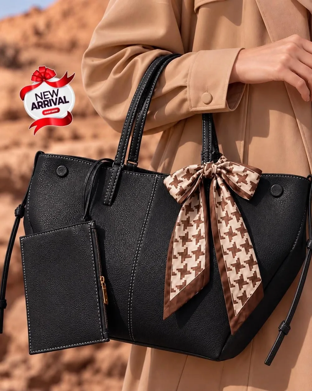 Black Tote Bag with Matching Pouch & Houndstooth Scarf