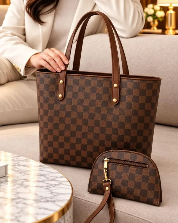 Brown Checked Tote Bag