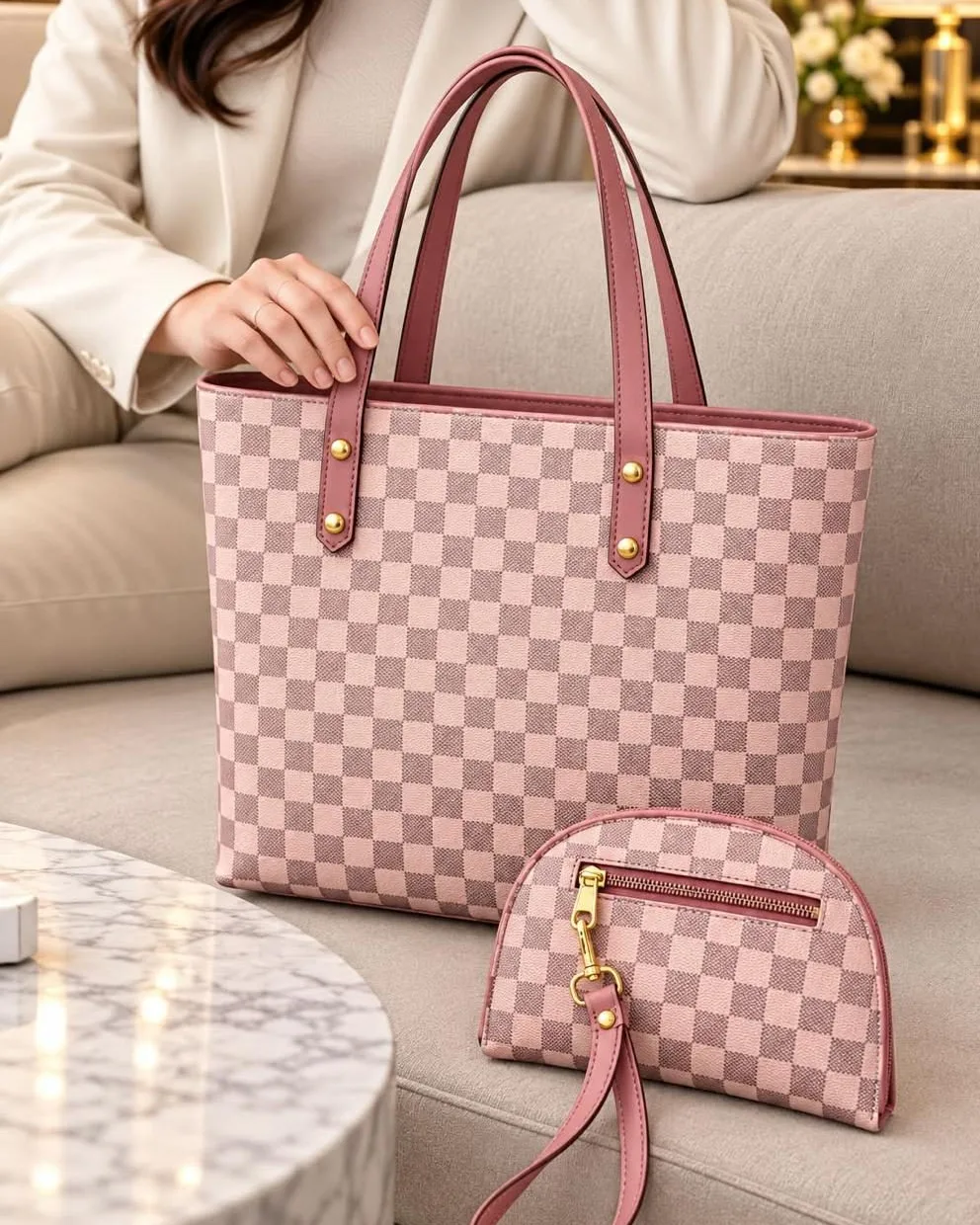 Pink Checked Tote Bag