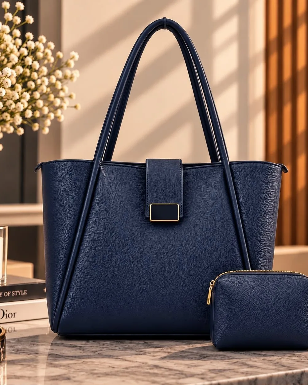 Blue Leather Tote Bag