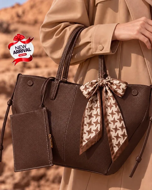 Dark Brown Tote Bag with Matching Pouch & Houndstooth Scarf