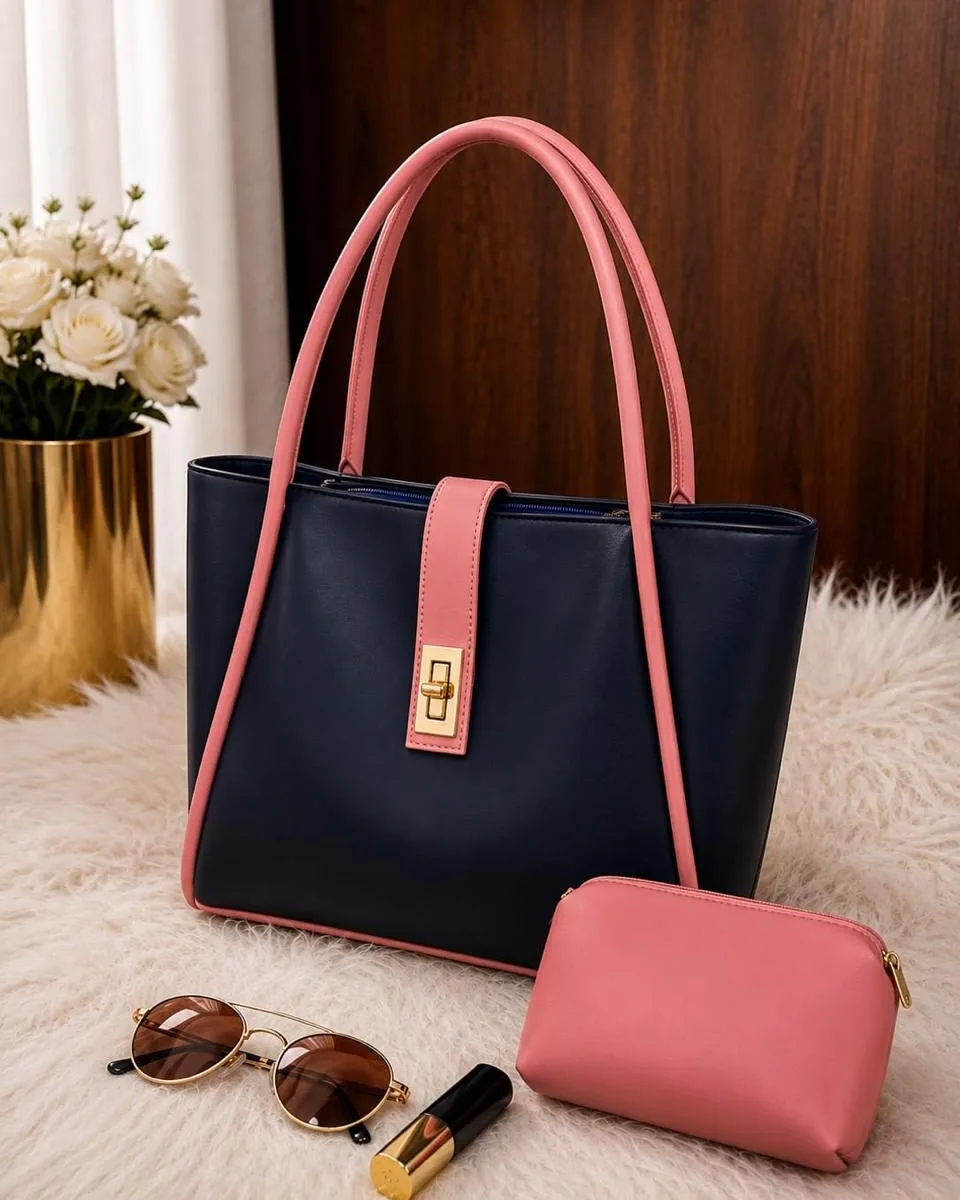Two-Tone Leather Tote | Matching Pouch Set in Blue