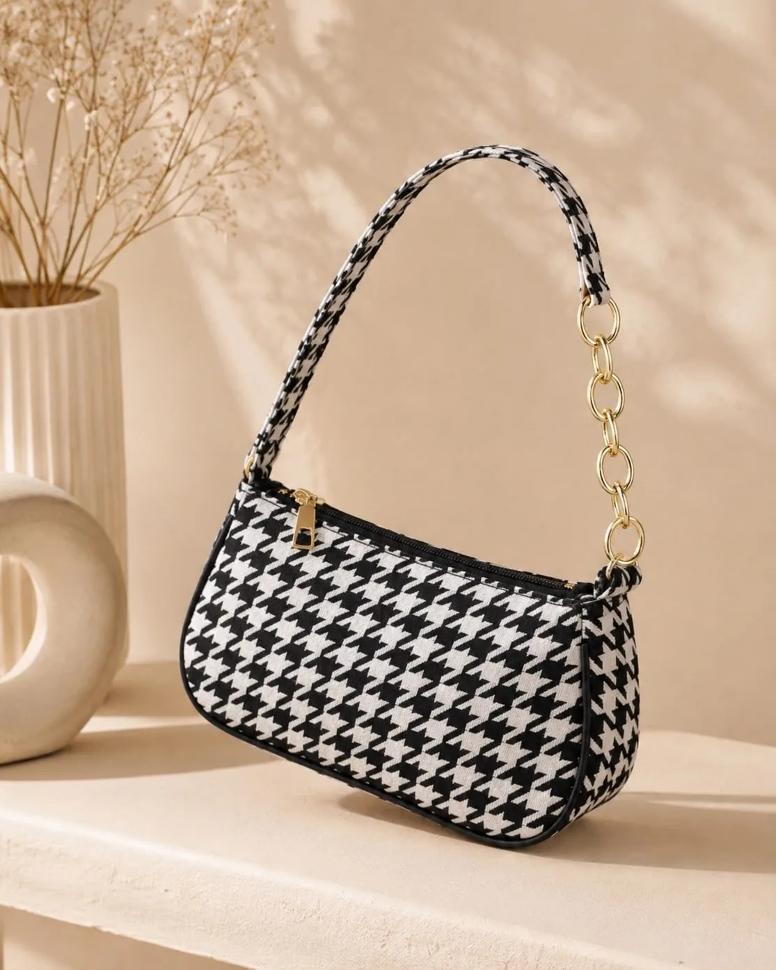 Houndstooth Baguette Shoulder Bag