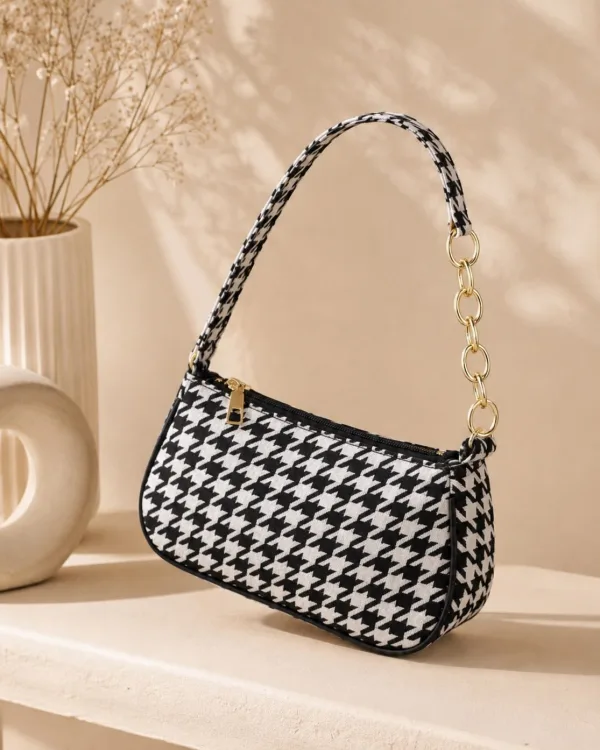 Houndstooth Baguette Shoulder Bag