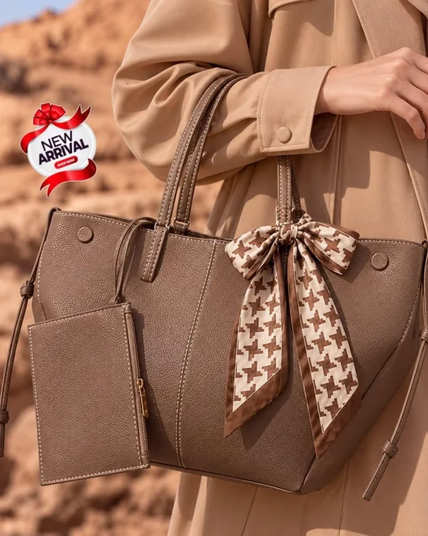 Warm Brown Tote Bag with Matching Pouch & Houndstooth Scarf