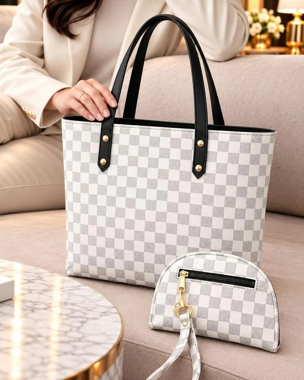 White Checked Tote Bag