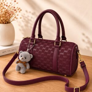 Duffle Leather Satchel Bag  Plush Bear Charm