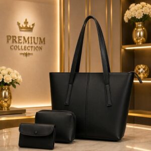 Black Leather 3-Piece Tote Bag Set
