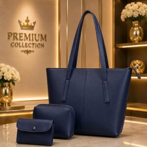 Navy Blue Leather Tote Bag 3 Piece Set