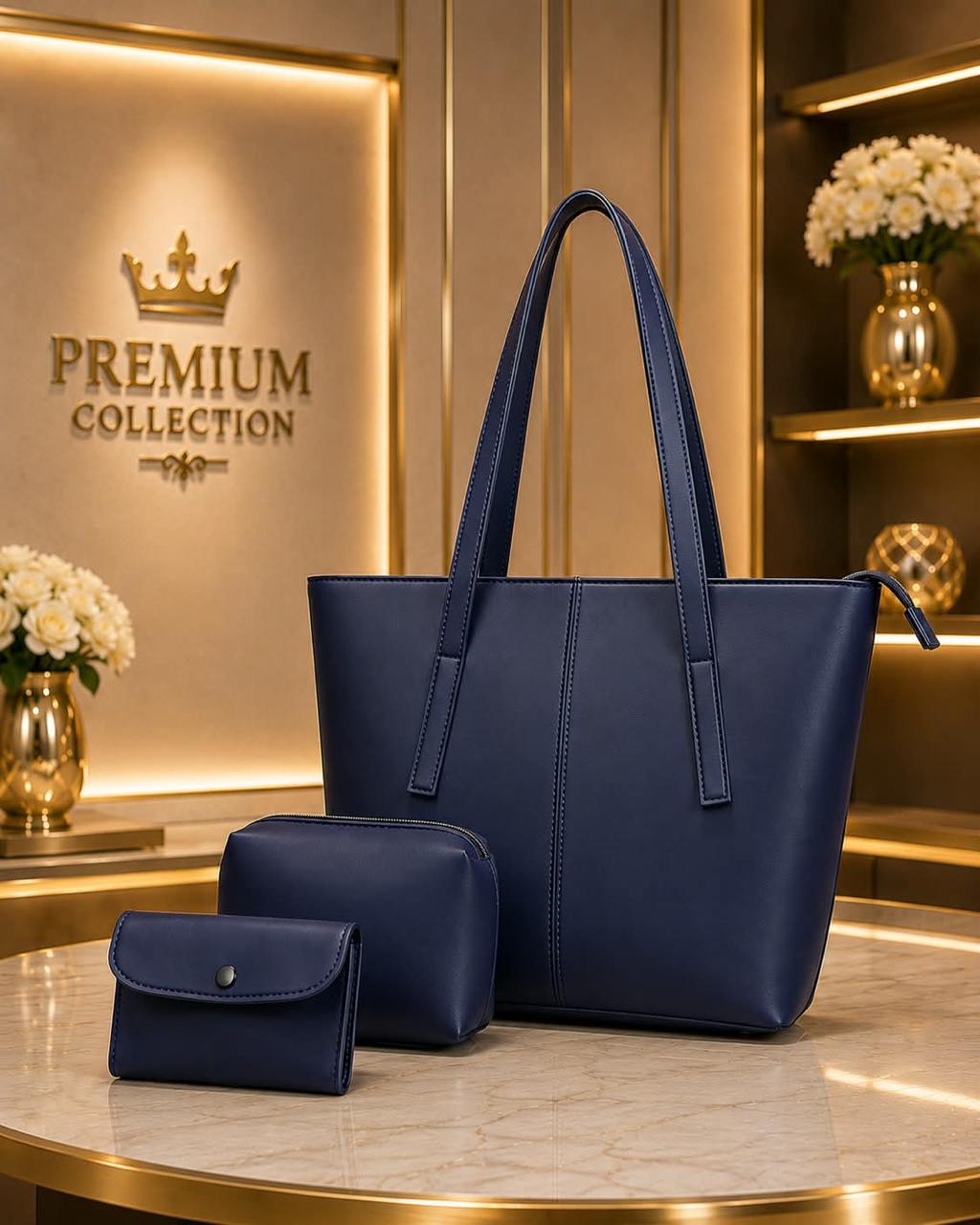 Navy Blue Leather Tote Bag 3 Piece Set