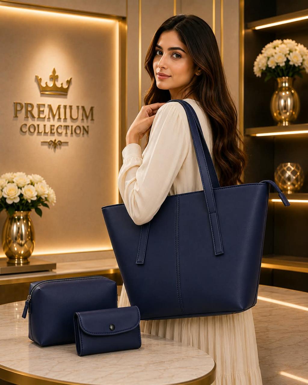 Navy Blue Leather Tote Bag 3 Piece Set - Image 2